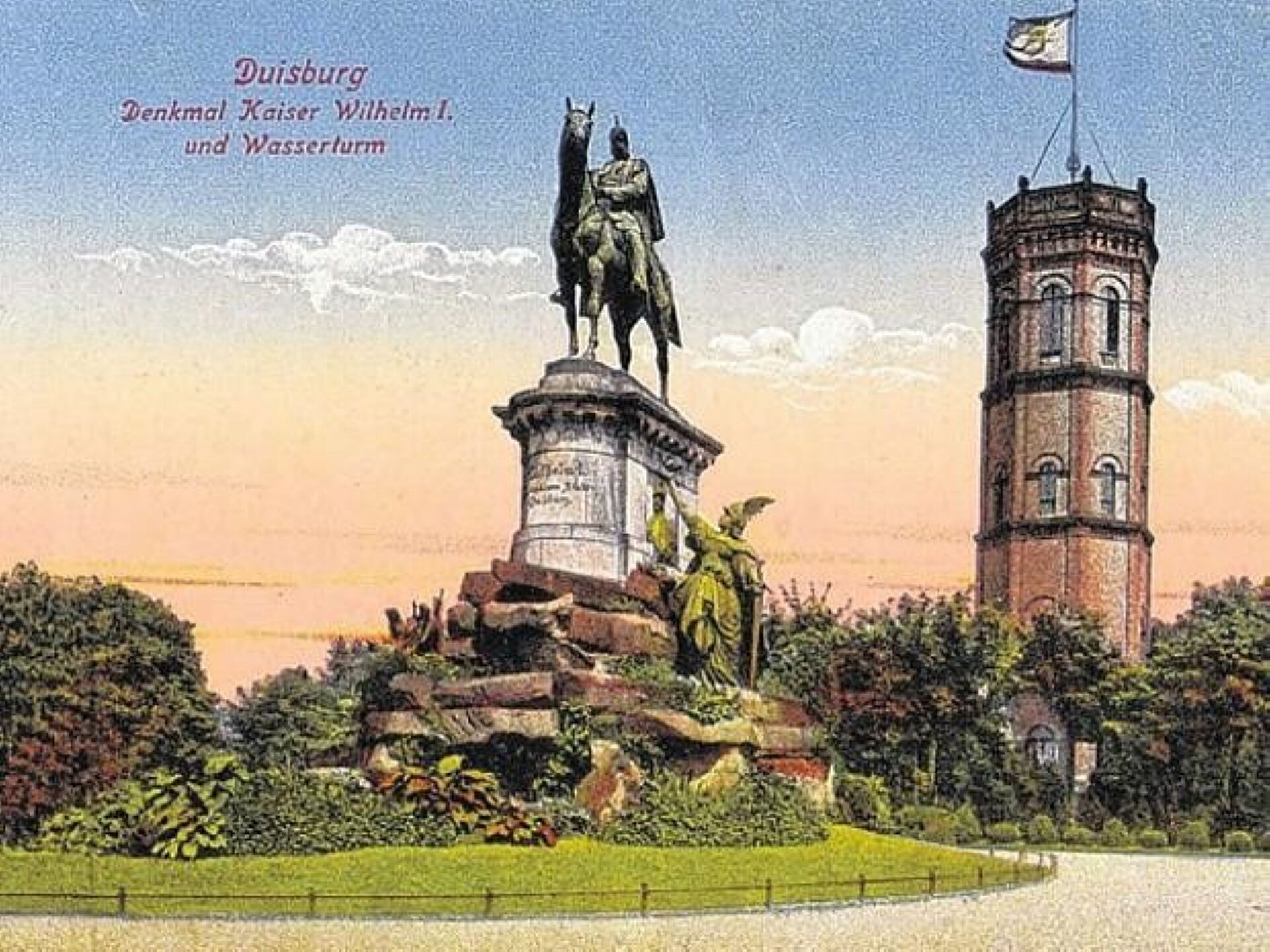 Historische Postkarte vom Kaiser Wilhelm Denkmal im Kaiserberg in Duisburg.
