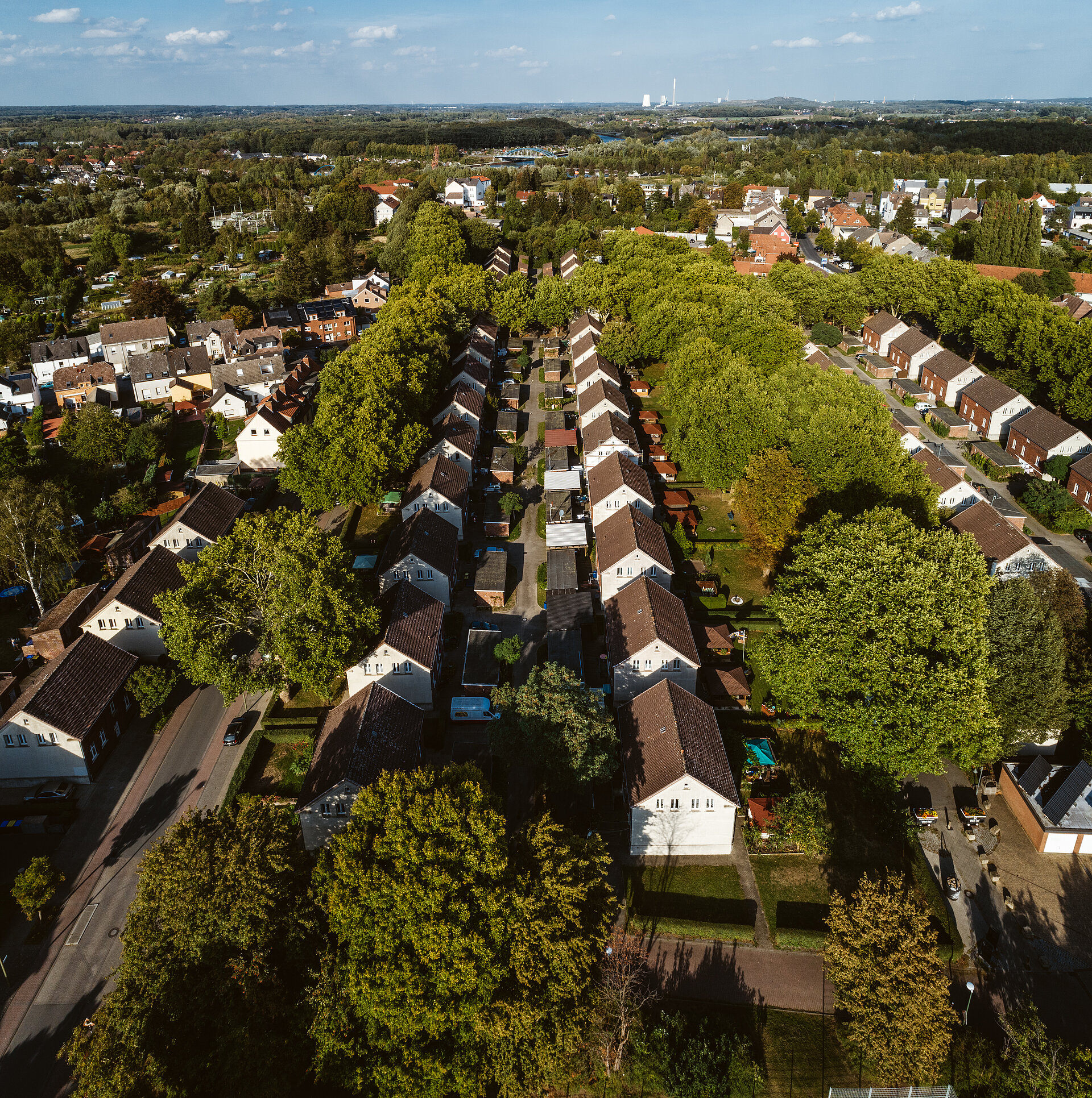 Die Siedlung Ziethenstraße in Lünen wurde für die Arbeiter der Zeche Preußen errichtet. Luftaufnahme.