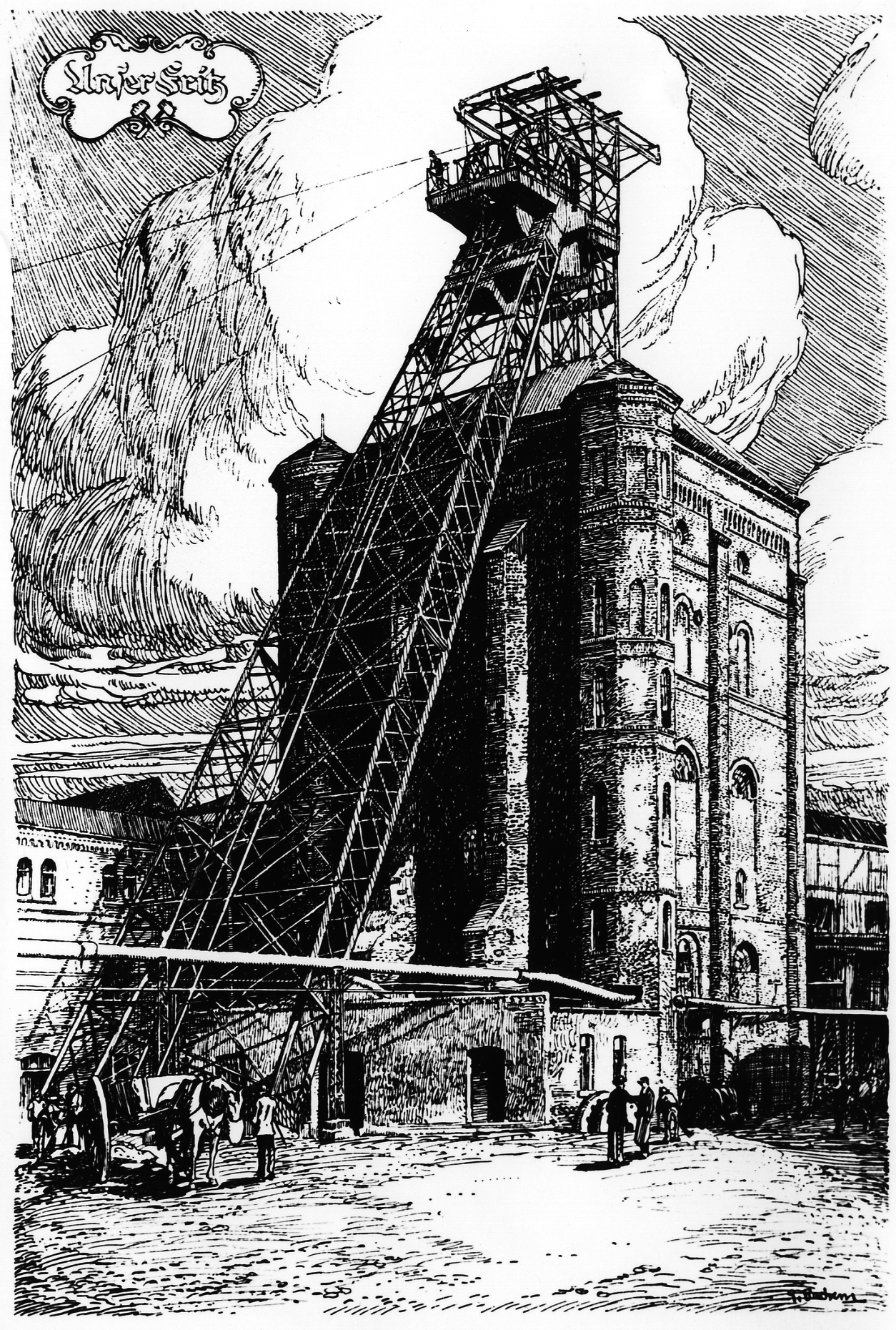 Malakowturm Schacht 1, Zeche Unser Fritz, Zeichnung von 1890.