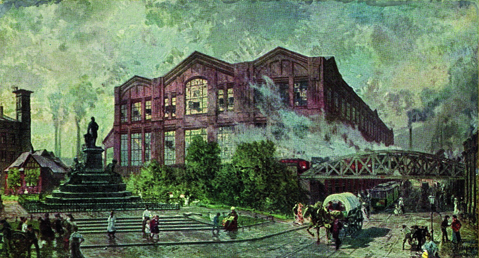 8. Mechanische Werkstatt am Limbecker Tor, 1912, Postkarte nach einem Gemälde von Otto Bollhagen; heute: Colosseum Theater.