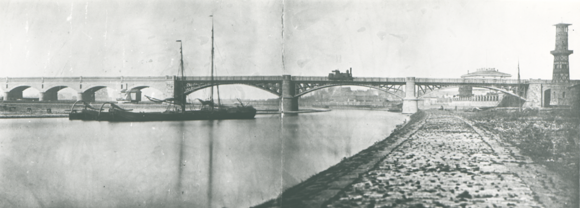 Stadtviadukt und Ruhrbrücke in Mülheim, 1860.