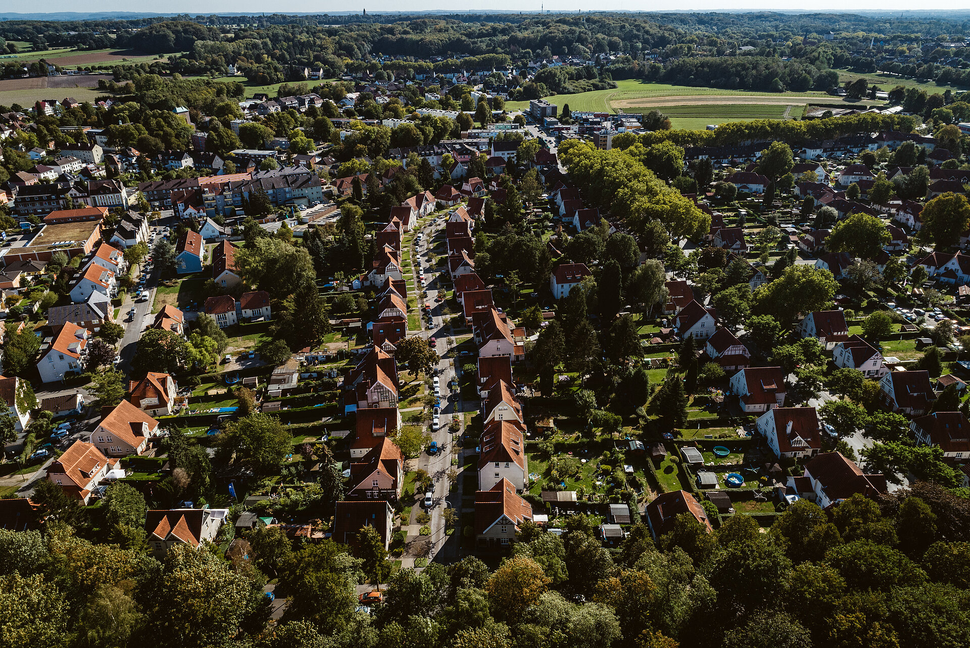 Die Siedlung Teutoburgia in Herne wurde um 1909 parallel zur gleichnamigen Zeche erbaut. Luftaufnahme.