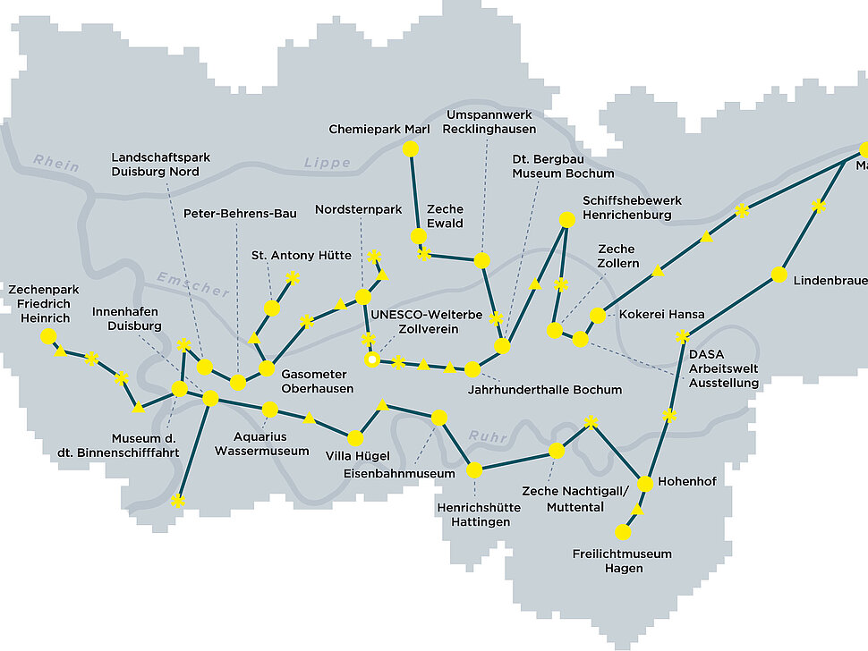 Kartendarstellung der Primärstandorte der Route: Ankerpunkte, Panoramen, Siedlungen