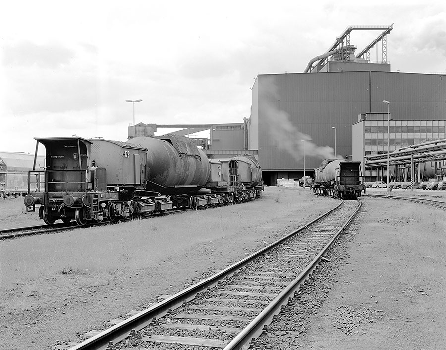 Thyssen-Werksbahn: Torpedopfannen am Stahlwerk Beeckerwerth, Duisburg.